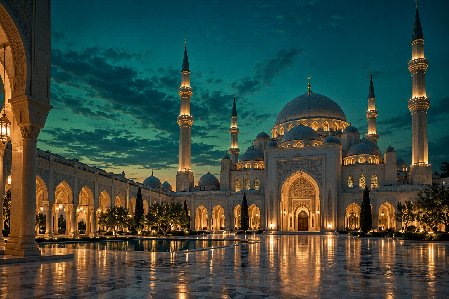 تصوّر بصري لمسجد بقباب ومآذن مضاءة عند الغروب